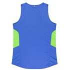 A blue sleeveless athletic shirt with bright green side panels, displayed from the back against a white background. The shirt features a rounded neckline and a curved hem.