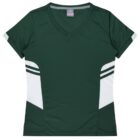 A dark green short-sleeve sports shirt with white accents on the sides and a V-neck collar. The shirt features two horizontal white stripes on each side of the torso.