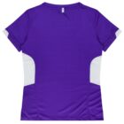 A purple athletic shirt with short sleeves and white side panels. The back view shows a solid purple color with a small gray tag at the neck area. The shirt appears to be made of a smooth, breathable fabric.