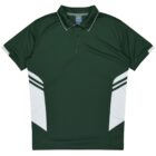 A green short-sleeve polo shirt with white stripes on the sleeves and sides, featuring a collar and button placket. The shirt has a simple and sporty design.