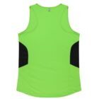 A bright green athletic tank top with black side panels, viewed from the back. The tank has a simple design and a rounded hem at the bottom.