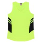 A bright yellow sleeveless athletic top with a V-neck and black geometric patterns on the sides, laid flat on a white background.