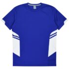 A blue athletic t-shirt with short sleeves, featuring white geometric accents and two horizontal stripes on the sides. The shirt has a simple design and a round neckline.