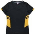 A black short-sleeve shirt with a V-neck, featuring yellow panels and two horizontal black stripes on each side. The design creates a sporty and modern look.