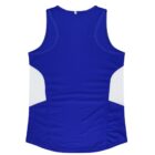 A blue sleeveless athletic tank top with white side panels, shown from the back.