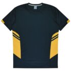 A short-sleeve sports shirt with a dark green base complemented by yellow panels on the sides. The shirt features black horizontal stripes on the yellow sections near the sleeves.