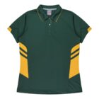 A green short-sleeve polo shirt with a collar and three buttons. It features yellow accents on the shoulders and sides with two diagonal stripes on each side.