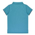 A turquoise polo shirt with a classic collar, viewed from the back. The shirt has short sleeves with dark edges. The fabric appears smooth and lightweight.