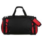 Black and red duffel bag with multiple zippered compartments and dual handles. The bag has an adjustable shoulder strap and side pockets, suitable for gym or travel use.