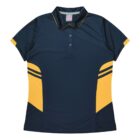 A short-sleeve polo shirt with a dark blue base and yellow accents on the sides and sleeve edges. The shirt has a collar and a three-button placket.