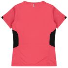 A short-sleeved, pink athletic shirt shown from the back, featuring black side panels and a small vertical reflective strip near the neckline.