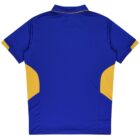 A blue sports jersey with yellow accents on the sides and short sleeves, viewed from the back.