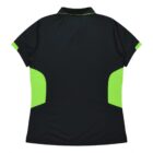 A black and neon green short-sleeved polo shirt is shown from the back. The shirt features green accents on the sides and sleeves, with a black collar.