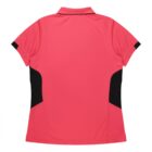 A pink polo shirt with short sleeves, shown from the back. It features black accents on the sides and sleeve edges, and has a classic collar and straight hem.
