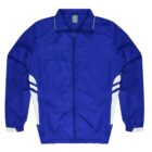 A bright blue windbreaker jacket with a front zipper, featuring white accents on the sides and sleeve cuffs. The design includes a collar and long sleeves, giving it a sporty appearance.