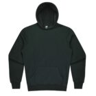 A plain dark green hoodie with a front pocket, long sleeves, and a hood. The hoodie lies flat against a white background.