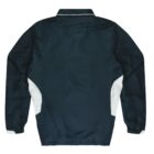 A navy blue jacket with a collar, featuring white side panels and white cuffs. The jacket is shown from the back, highlighting its simple, solid design and casual style.