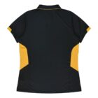 Back view of a short-sleeved polo shirt in dark green with yellow panels on the sides, set against a white background.