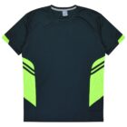 A dark green short-sleeve athletic shirt with neon green accents on the sides and two black stripes on each side. The shirt has a crew neck and is displayed against a white background.