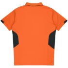 A bright orange polo shirt viewed from the back, featuring a black collar and black panels on the sides.