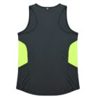 A sleeveless athletic tank top with a dark front and bright yellow accents on the sides, seen from the back. The design includes a seamless blend of colors for a sporty look.