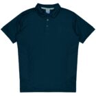 A dark green polo shirt with a collar and three buttons down the front. The shirt has short sleeves and is laid flat against a white background.