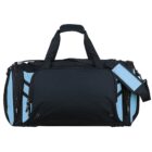 A black and blue sports duffel bag with multiple zippered compartments. It features carry handles and an adjustable shoulder strap. The design is sleek and functional, suitable for gym or travel use.