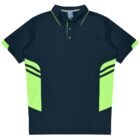 A navy blue polo shirt with bright green accents. It features a collar, short sleeves, and green stripes on the sides and sleeves.