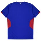 A blue T-shirt with red accents on the sides, displayed against a white background. The T-shirt features a simple and modern design with no visible logos or graphics.