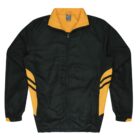 A green and yellow zip-up jacket with a high collar. It features two black stripes on each side, elastic cuffs, and is displayed on a white background.