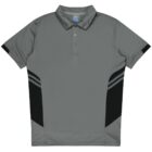 A gray polo shirt with black and gray striped accents on the sides. It features a button-up collar and short sleeves.