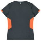 A black T-shirt with short sleeves, featuring bright orange panels on the sides. The back view shows the contrasting colors and a loop detail on the neckline.
