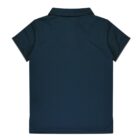 A dark green short-sleeve polo shirt with a collar, viewed from the back. The fabric appears smooth and the shirt has a simple, classic design.