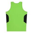 Bright green sleeveless sports jersey with black panels on the sides, viewed from the back.