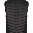A black, sleeveless puffer vest is shown from the back. It features a high collar and a chevron pattern created by horizontal stitching. The material appears shiny and smooth, suggesting it is made of a water-resistant fabric.