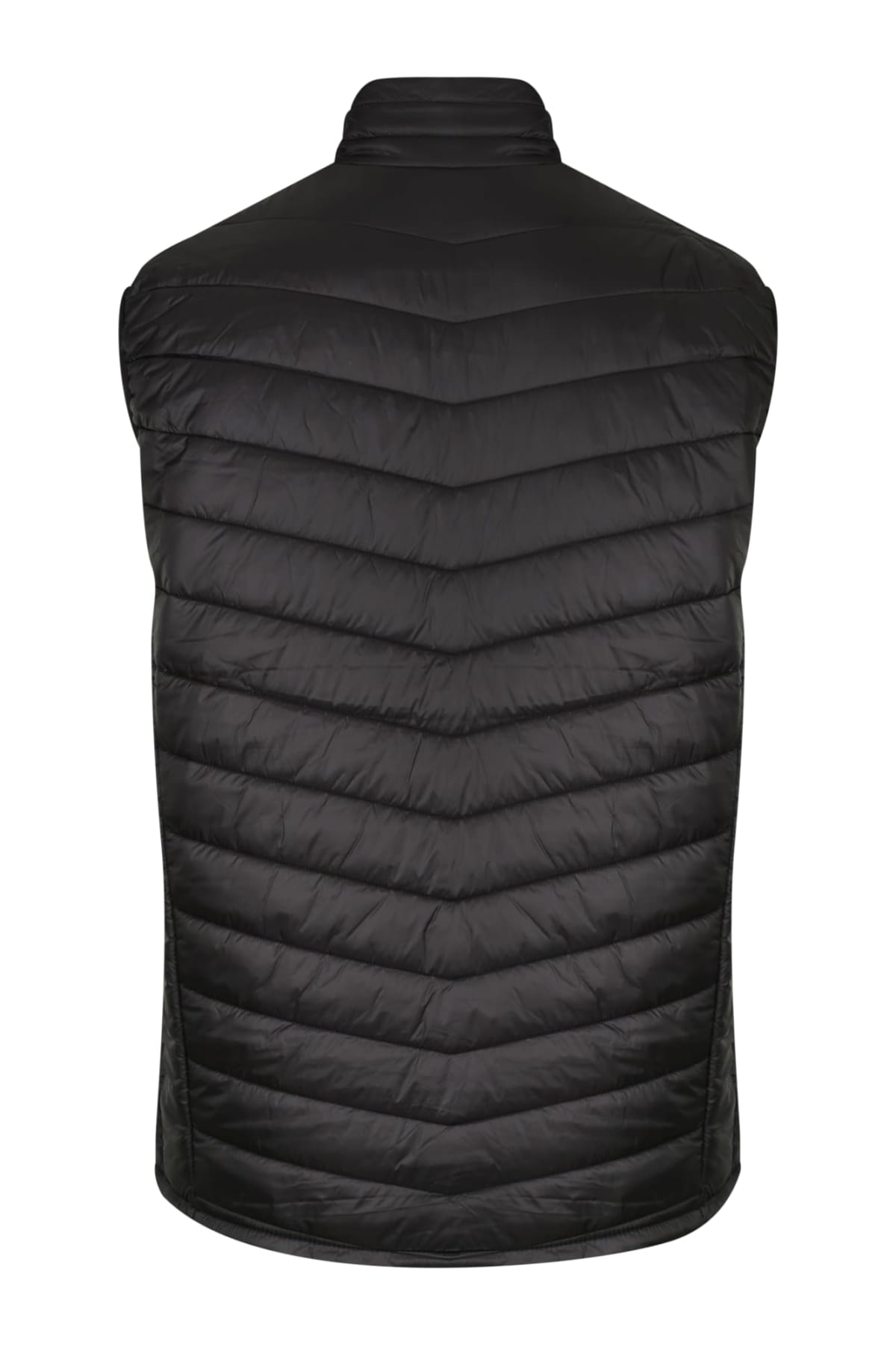 A black, sleeveless puffer vest is shown from the back. It features a high collar and a chevron pattern created by horizontal stitching. The material appears shiny and smooth, suggesting it is made of a water-resistant fabric.