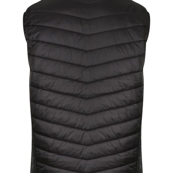 Back view of a black, quilted puffer vest with a high collar. The fabric has a matte finish, and the stitching creates a V-shaped pattern across the back. The vest is sleeveless and appears lightweight.