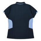 A dark navy blue polo shirt with light blue accents is displayed, showing the back view. It features short sleeves and a collared design, with light blue panels running down the sides for a stylish contrast.