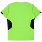 A bright green sports t-shirt with short sleeves and black accents on the sides and sleeve ends, displayed on a plain white background. The shirt is shown from the back.