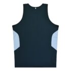 A sleeveless athletic tank top with a solid dark blue center and light blue panels on the sides, displayed on a plain white background.