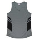 A sleeveless gray athletic tank top with a V-neckline, featuring black and gray striped accents on the sides.