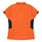 A short-sleeved, orange golf shirt with black accents on the sides and a black-trimmed collar, shown from the back.