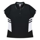 A black short-sleeve polo shirt with a collar and buttoned placket. It features white panels and two white stripes on each side near the waist, creating a sporty design. The shirt is laid flat and viewed from the front.