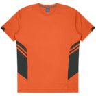 Orange athletic t-shirt with dark green accents on the lower sides and sleeves. The design includes two thin green stripes on each side panel, adding a sporty look. The shirt is laid flat against a plain white background.