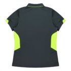 Back view of a dark green polo shirt with neon green accents on the sides and sleeves. The shirt features a collar and is displayed on a plain white background.