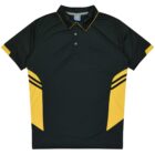 A dark green polo shirt with a collar and three buttons. The shirt features yellow accents on the sleeves and along the sides, with thin black stripes on the yellow sections near the shoulders.