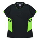 A black polo shirt with bright green accents on the sleeves and sides, featuring a three-button placket and a collar. The green accents add a sporty look to the design.