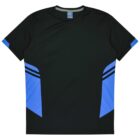 A black short-sleeve sports t-shirt with blue accents on the sides and sleeves. It features two horizontal stripes on each side, adding a sleek, modern design.