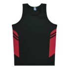 Black sleeveless athletic shirt with red panels on the sides and two black stripes on each panel. The shirt has a round neckline and a light blue neck label.