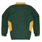 A green jacket with a yellow collar and yellow accents on the sides and cuffs, viewed from the back.